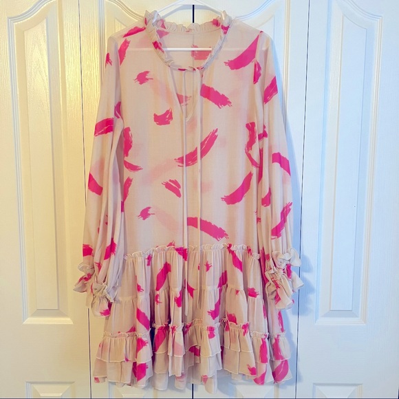 KLEID IIONA Dress Ruffle Printed Long Sleeve Pink Tan Sheer Mini Dress Small - Picture 3 of 6